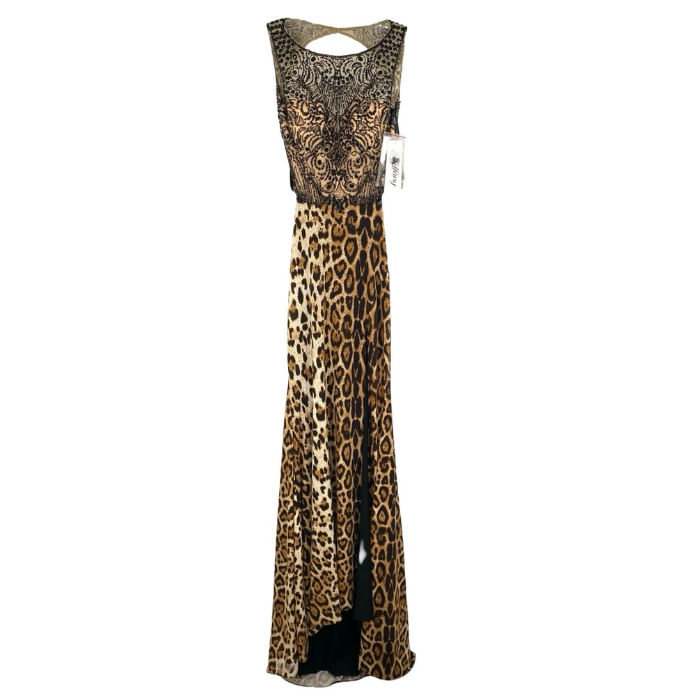 Tiffany Designs Leopard Print Beaded Evening Gown Formal Dress Size 8 New